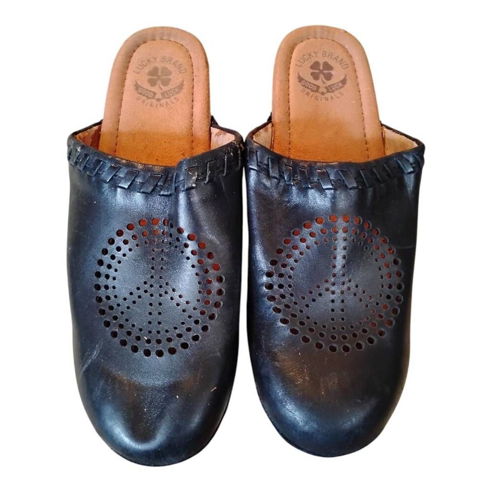 Lucky Brand Black Leather Peace Sign Clogs Mules Bohemian Size 8.5